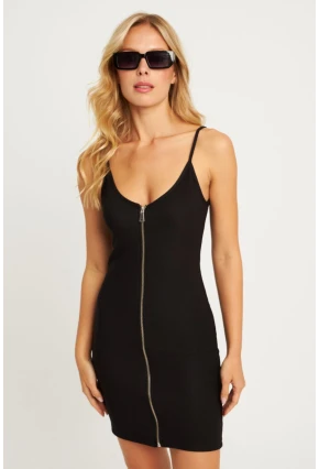Kadın Siyah Fermuarlı Mini Elbise CY380