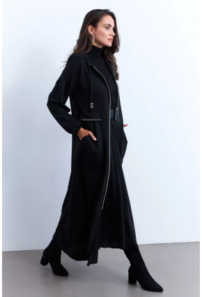 Kadın Siyah Fermuarlı Taşlı Sweat Elbise MASF21