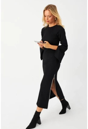 Kadın Siyah Fermuarlı Yırtmaçlı Kaşkorse Midi Elbise EY2990