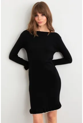 Kadın Siyah Fırfırlı Basic Triko Midi Elbise SF2559