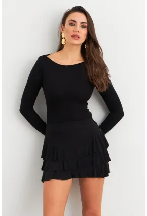 Kadın Siyah Fırfırlı Şort Etek ELT3915