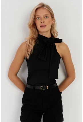 Kadın Siyah Fiyonklu Crop Bluz EY2726