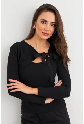 Kadın Siyah Fiyonklu Kaşkorse Bluz EY3030