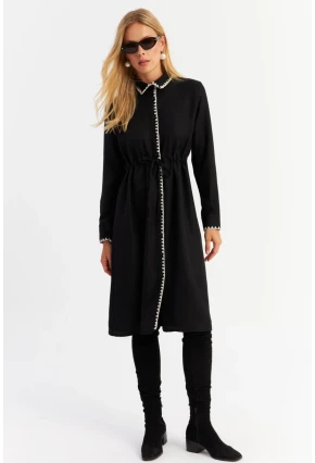Kadın Siyah Garnili Gömlek Midi Elbise MASF10