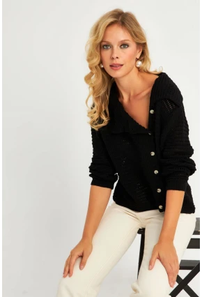 Kadın Siyah Geniş Yakalı Triko Hırka MİW4571