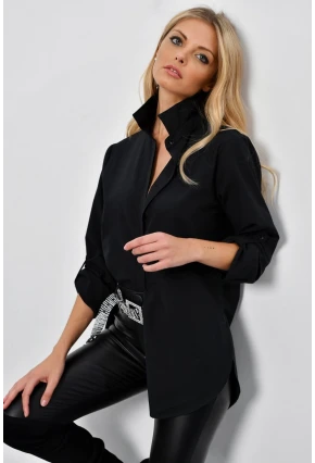 Kadın Siyah Gizli Düğmeli Uzun Gömlek SF2001