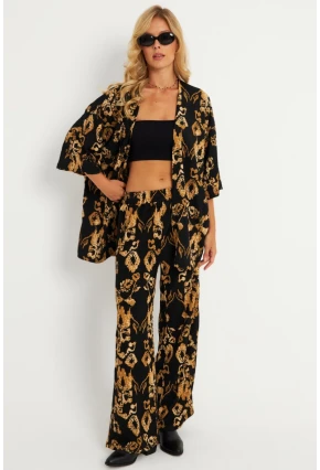 Kadın Siyah-Gold Desenli Bürümcük Alt Üst  Takım LON3004