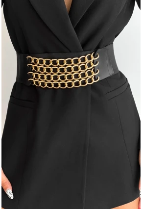 Kadın Siyah-Gold Dört Zincirli Lastikli Kemer BE648