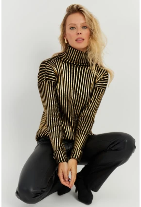 Kadın Siyah-Gold Düğme Detaylı Varaklı Triko Kazak SF2532