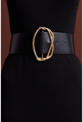 Kadın Siyah-Gold Oval Tokalı Kemer BE443