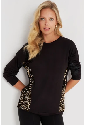 Kadın Siyah-Gold Payetli Uzun Bluz ST3124