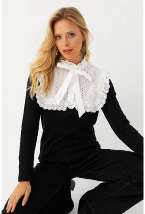 Kadın Siyah Gömlek Bloklu Triko Bluz MQS2117