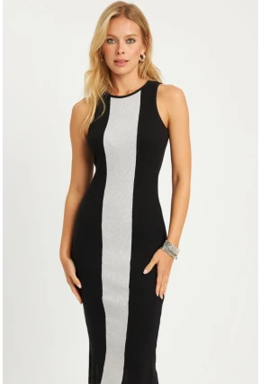 Kadın Siyah-Gri Kaşkorse Yırtmaçlı Midi Elbise XL2010
