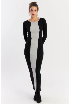 Kadın Siyah-Grı Renk Bloklu Kaşkorse Maxi Elbise XL403