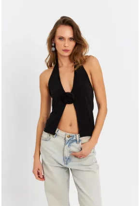 Kadın Siyah Gül Aksesuar Detaylı Crop Bluz ELT3923