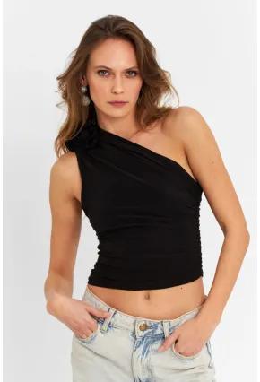 Kadın Siyah Gül Aksesuar Detaylı Crop Bluz ELT3925