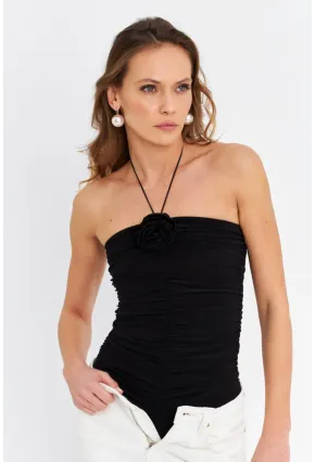 Kadın Siyah Gül Aksesuarlı Drapeli Çıtçıtlı Body LİT101