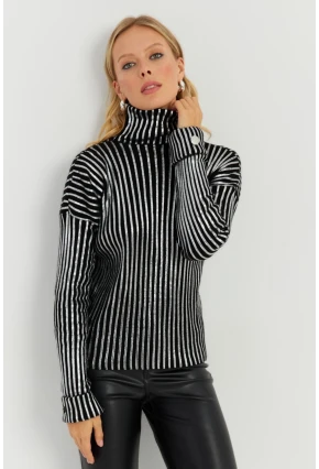 Kadın Siyah-Gümüş Düğme Detaylı Varaklı Triko Kazak SF2532