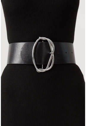 Kadın Siyah-Gümüş Oval Tokalı Kemer BE443
