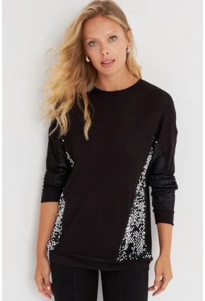 Kadın Siyah-Gümüş Payetli Uzun Bluz ST3124