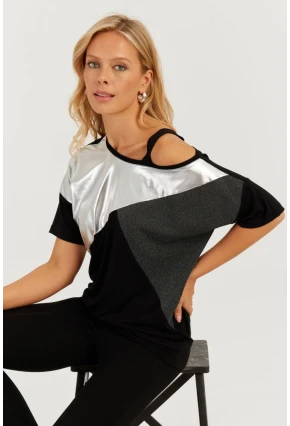 Kadın Siyah-Gümüş Suni Deri Bloklu Bluz ST834