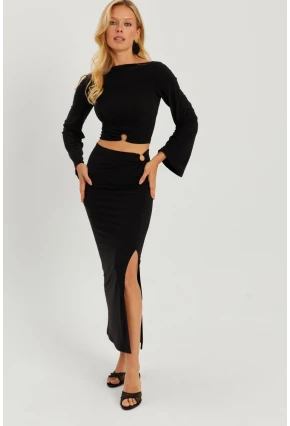 Kadın Siyah Halka Detaylı Sırtı Açık Etek Takım HO051