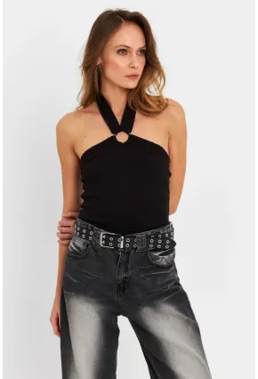 Kadın Siyah Halkalı Crop Bluz B2634-90