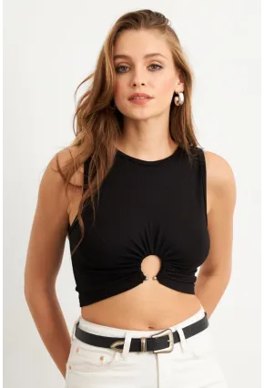 Kadın Siyah Halkalı Crop Bluz EY3094