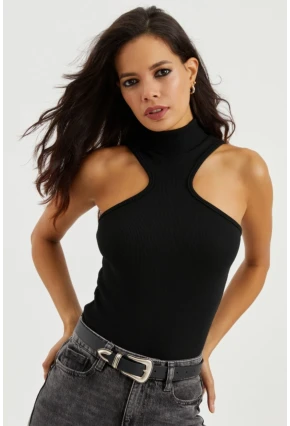 Kadın Siyah Halter Yaka Kaşkorse Bluz EY1454