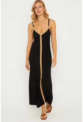 Kadın Siyah Hasır Detaylı Bürümcük Midi Elbise EY2839