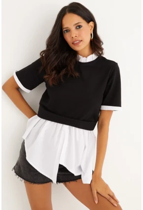 Kadın Siyah İkili Asimetrik İki İplik Bluz B1454