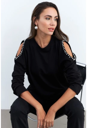 Kadın Siyah İnci Aksesuarlı Sweatshirt RLO85