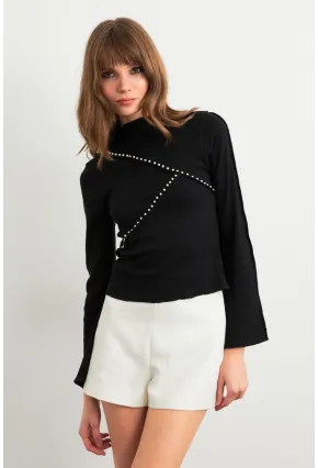 Kadın Siyah İnci Detaylı Kaşkorse Bluz ALB3701