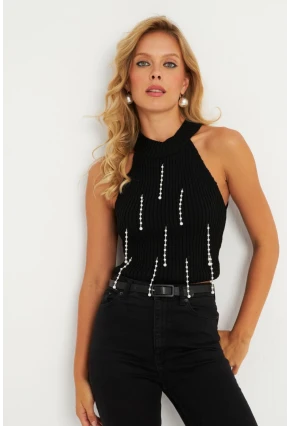 Kadın Siyah İnci Detaylı Triko Bluz KAZ005