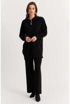 Kadın Siyah İnci Düğmeli Triko Alt Üst Takım NUV33