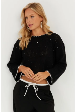 Kadın Siyah İncili Triko Bluz MİW7561