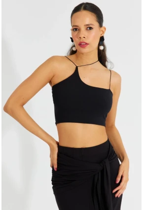 Kadın Siyah İp Askılı Crop Bluz B2594