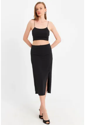 Kadın Siyah İp Askılı Crop Etek Takım MRS10004-1