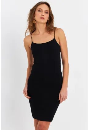 Kadın Siyah İp Askılı Kaşkorse Midi Elbise RSP248