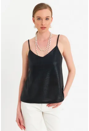 Kadın Siyah İp Askılı Parlak Bluz RSP1094