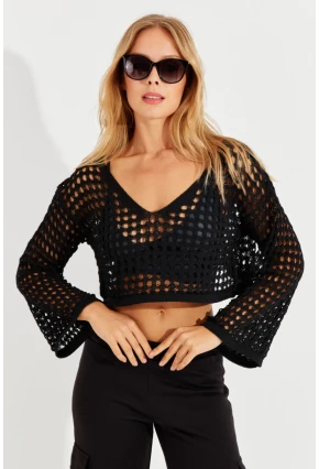 Kadın Siyah İspanyol Kol Ajurlu Triko Bluz YV203