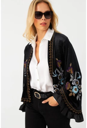 Kadın Siyah İspanyol Kol Nakışlı Kadife Simli Ceket QS5577