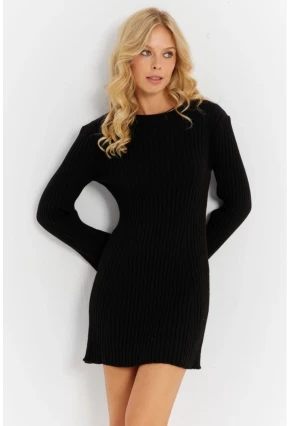 Kadın Siyah İspanyol Kol Triko Mini Elbise YV273