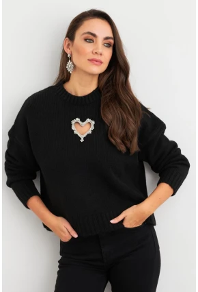 Kadın Siyah Kalp Pencereli Kazak TEM101