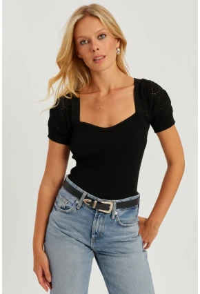 Kadın Siyah Kalp Taka Triko Bluz SMT228