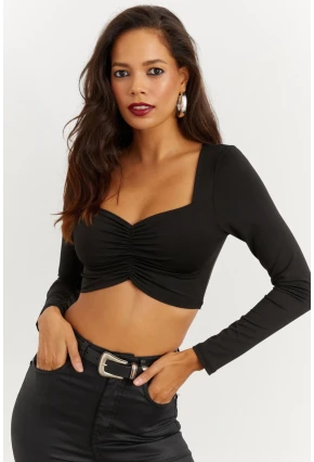 Kadın Siyah Kalp Yaka Crop Bluz CG260