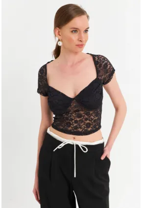 Kadın Siyah Kalp Yaka Tül Crop Bluz TPG05