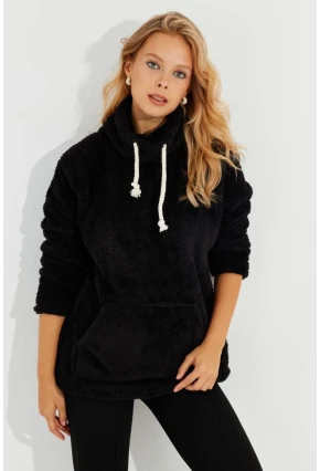 Kadın Siyah Kanguru Cep Peluş Sweatshirt Q978