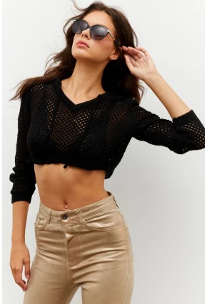 Kadın Siyah Kapüşonlu File Kısa Bluz YV153