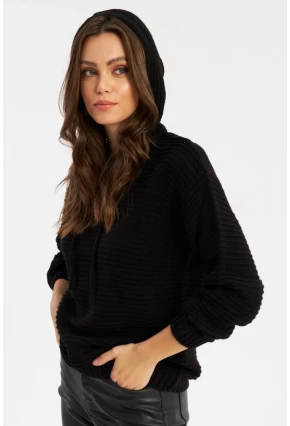 Kadın Siyah Kapüşonlu Triko Bluz SMT2419